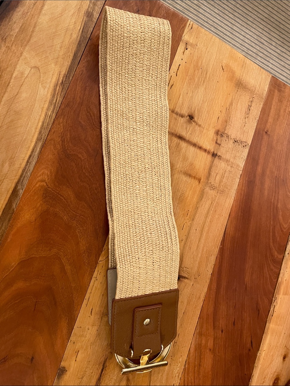 Vince Camuto Beige Woven Stretch Belt with Brown Leather Trim